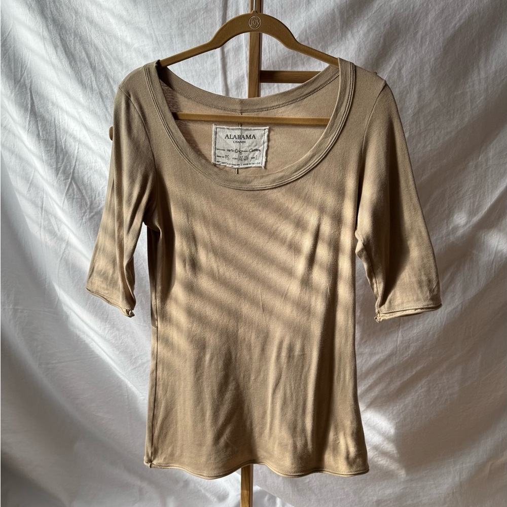 Alabama Chanin elbow length tee tan sand L large EUC pre-loved